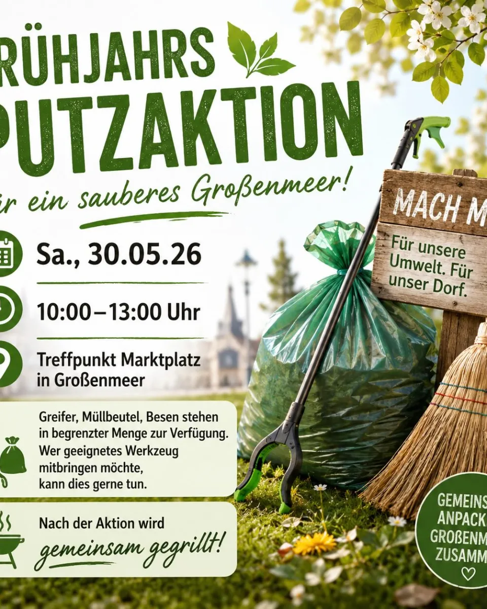 🌱🧹 Großenmeer räumt auf – Mach mit bei unserer Frühjahrsputzaktion! 🧹🌱 Gemeinsam wollen wir unser Dorf fit für den Frühl …