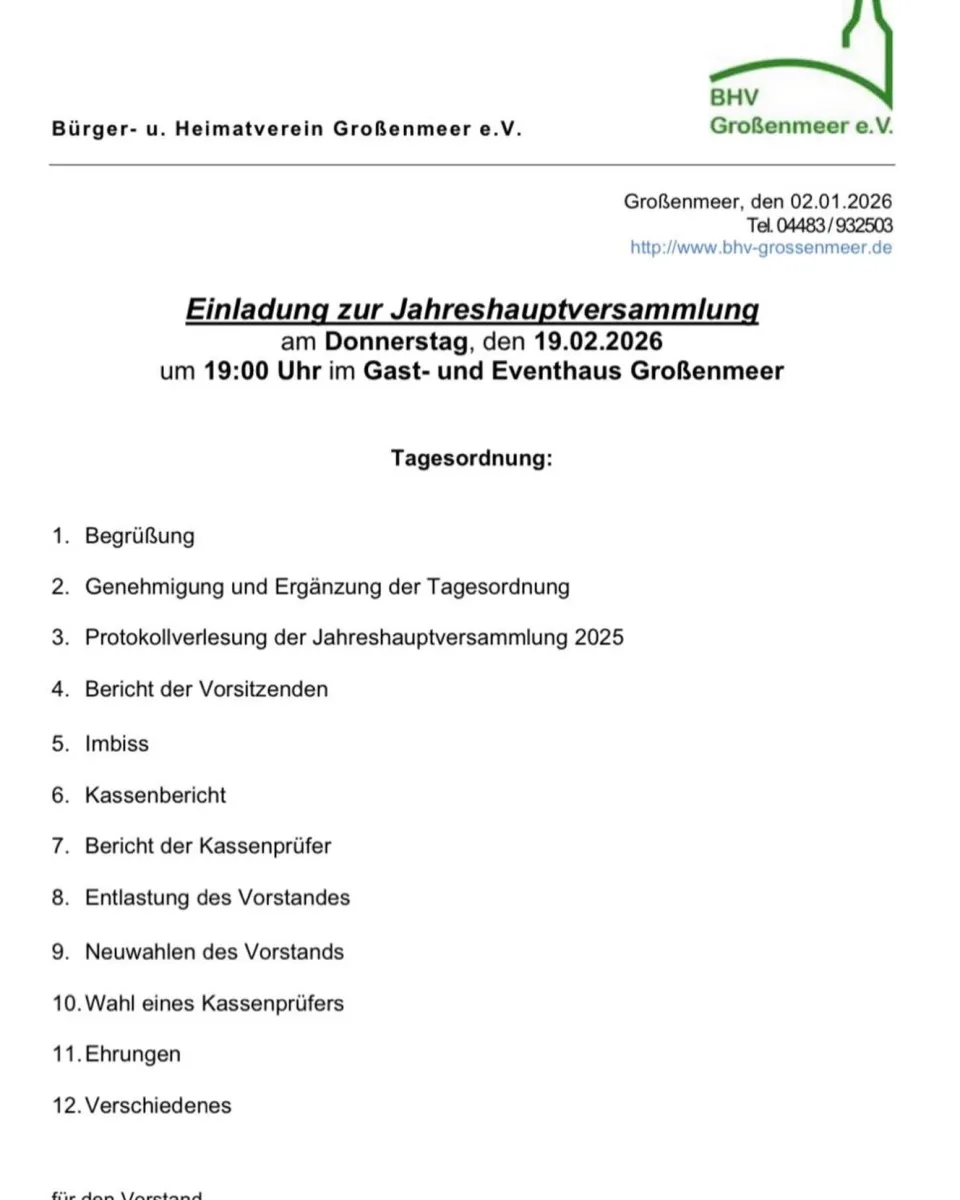 +++Save the date: Jahreshauptversammlung; Do., 19.02.2026 // 19:00 Uhr im Eventhaus Großenmeer++++ Unsere diesjährige JH …