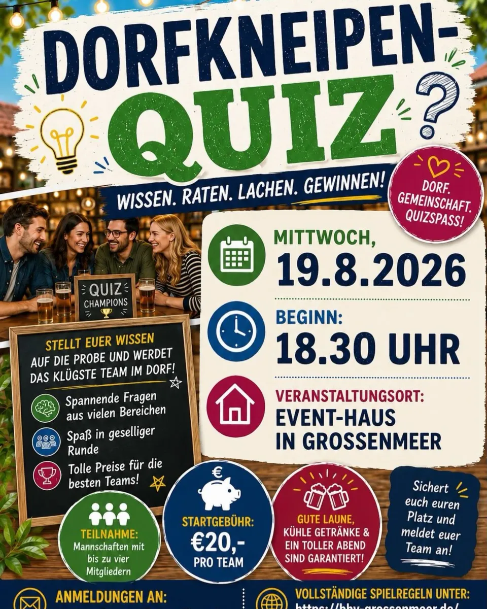 🧠🍻 Dorfkneipen-Quiz 2026 – Jetzt anmelden! 🍻🧠 Stellt euer Wissen auf die Probe und kämpft um den Titel des klügsten Team …